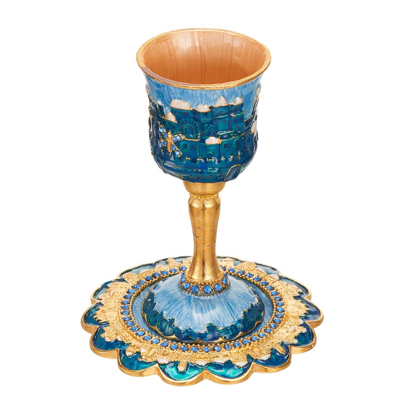 Matashi Hand-Painted Enamel Tall 5" Kiddush Cup Set with Stem and Tray Embellished with Crystals, Jerusalem Cityscape for Weddings Shabbat Havdalah Passover Goblet Judaica Gift - Image 4